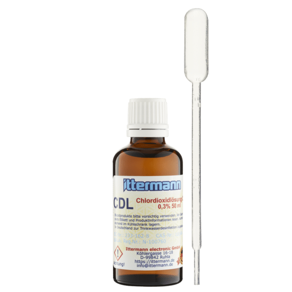 Ittermann CDL Chlordioxidlösung 0,3%, 50 ml, Frau im GrasIttermann CDL Chlordioxidlösung 0,3%, 50 ml mit Pipette